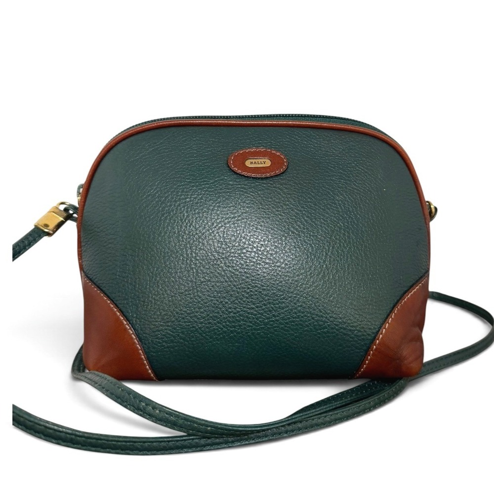 Bally Forest Green Cognac Leather Dome Crossbody Bag Italy Vintage